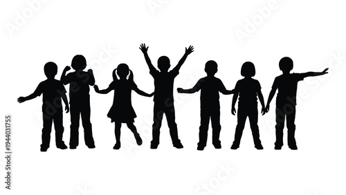 A group of happy children standing in a line holding hands with joyful expressions and dynamic poses