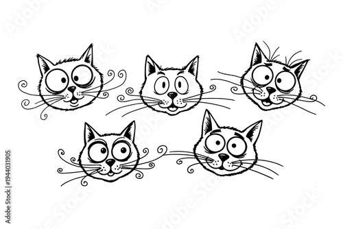 Playful doodle cat faces with whiskers