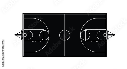 Overhead view of a black and white basketball court with hoops