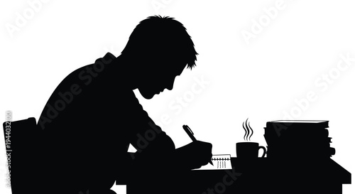 Silhouette of a man writing at a desk with books and coffee