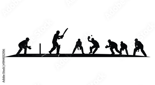Silhouette illustration depicting a cricket match in progress with players