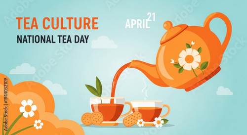 Tea pouring into cups from teapot with flowers on national tea day