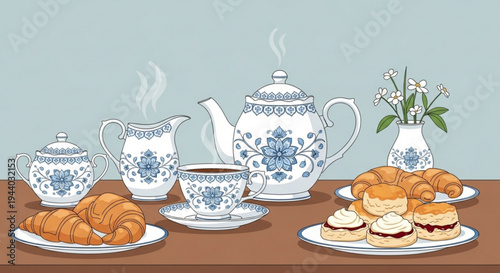 Delicious breakfast spread with tea set and pastries on wooden table