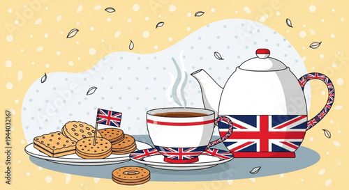 British tea time with steaming cup union jack teapot and plate of cookies on a yellow background with falling tea leaves