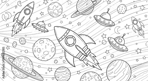 Space adventure with rockets and planets coloring page
