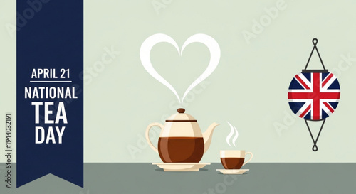 British tea time celebration with heart steam teapot and cup on national tea day uk flag background