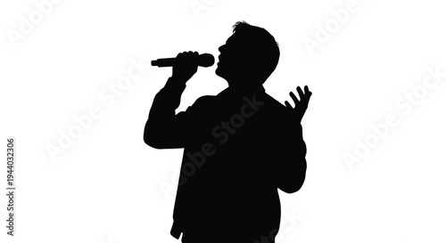 Silhouette of a man singing into a microphone with expressive gestures