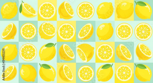 Vibrant yellow lemons and lemon slices arranged in a colorful grid pattern on a light blue background with green leaves showcasing citrus fruits in various states