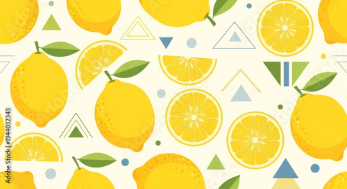 Vibrant lemons and geometric shapes on white background citrus pattern with yellow fruits and green leaves for design and decoration