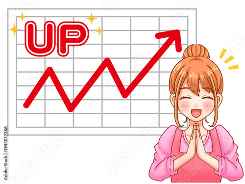 	上昇UPのグラフに喜ぶ主婦のイラスト素材