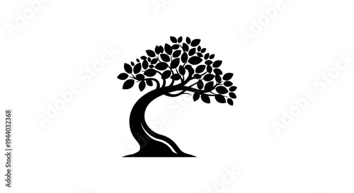 Stylized Black Tree Icon with Curved Trunk and Foliage