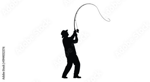 Silhouette of a fisherman reeling in a catch with a bent rod