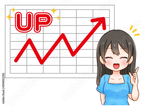 上昇UPのグラフに喜ぶ女子のイラスト素材