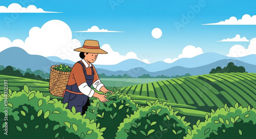 Farmer harvesting tea leaves in a lush green field with mountains in the background under a sunny sky
