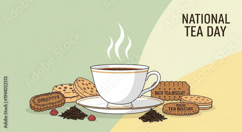Steaming cup of tea with biscuits and tea leaves on saucer celebrating national tea day with warm lighting and comforting mood