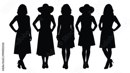 Five women in various dresses and hats silhouette against white background for fashion and style concepts
