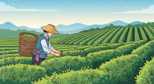 Man in straw hat harvesting tea leaves in lush green tea plantation with mountains