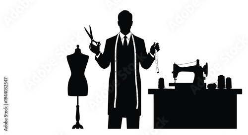 A silhouette of a tailor working at his station with tools