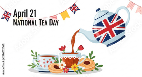 British tea set with union jack teapot pouring tea into a cup on a saucer with pastries and flowers on national tea day