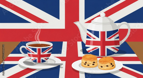 British themed tea set with union jack cup teapot and biscuits on a table