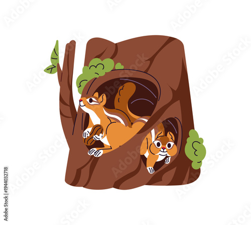 Cute chipmunks are preparing for hibernation, gathering nuts in hollow. Happy squirrels inside the hole of trunk. Forest animals in den on tree. Flat isolated vector illustration on white background