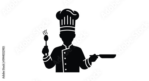 Silhouette of a chef holding cooking tools in a black and white design