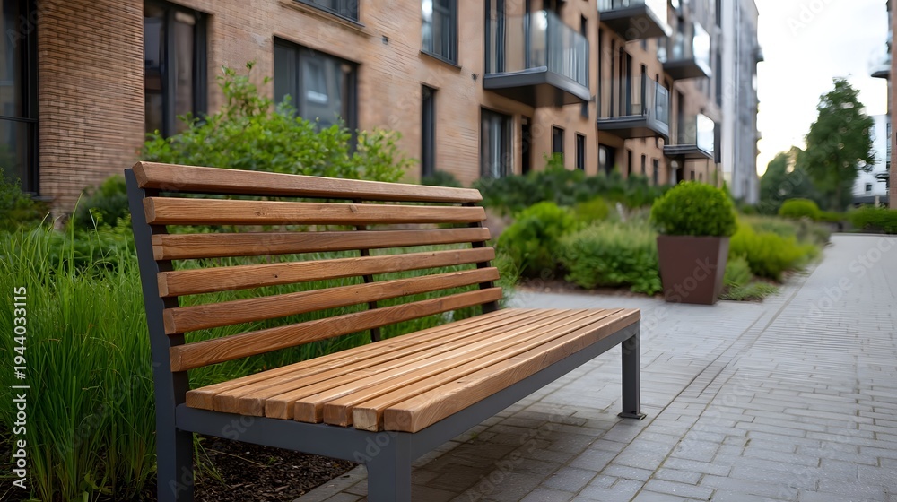 Obraz premium A modern wooden bench situated on a paved walkway in a landscaped urban courtyard setting