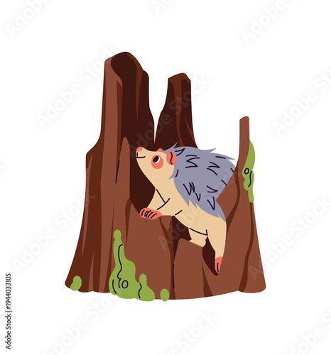 Cute prickly hedgehog lives in stump. Funny little woodland character is in hollow, burrow, den in trunk. Forest animal house in tree hole. Flat isolated vector illustration on white background