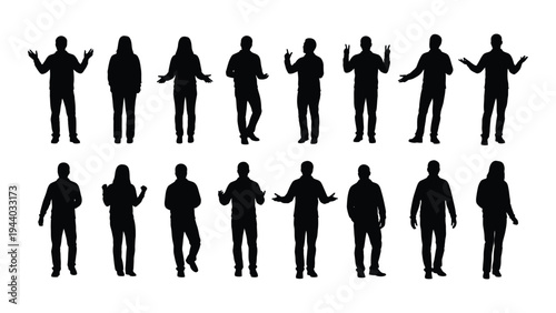 Collection of diverse human silhouettes in various poses and gestures on white background for graphic design and illustration