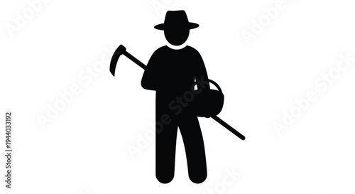 Silhouette of a farmer with a scythe and basket simple black design
