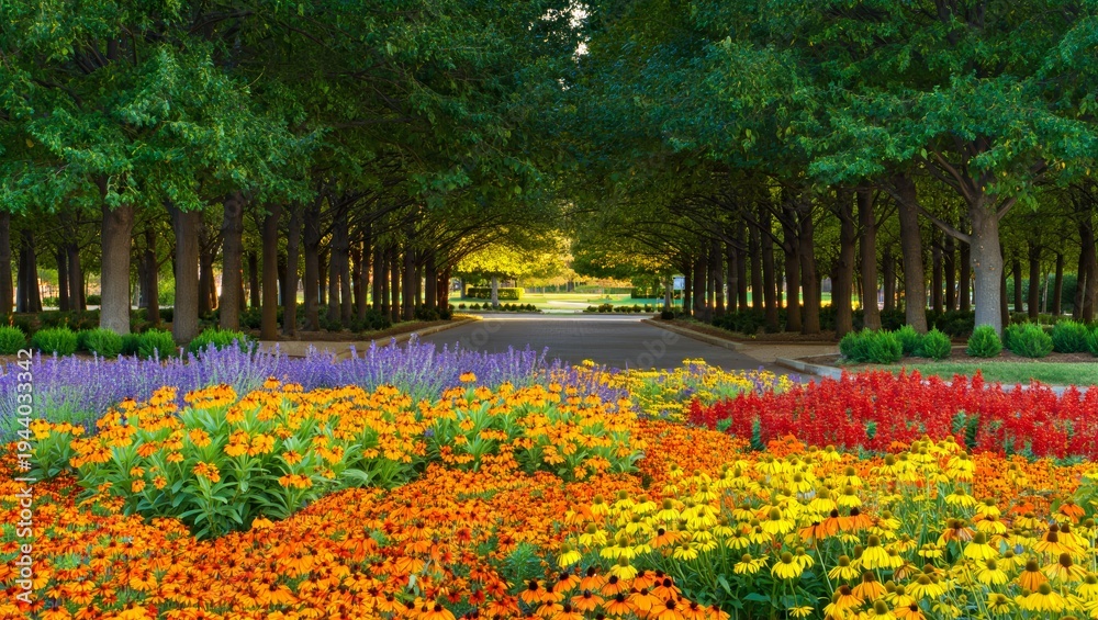 Obraz premium Vibrant Flower Garden Path Lined with Trees