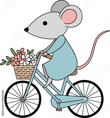 Cute mouse riding bicycle illustration, cartoon animal cycling with flower basket, adorable rodent character, kids nursery design vector