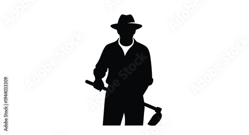 Silhouette of a farmer with a hoe against a white background