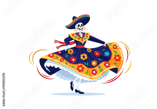 Traditional Mexican Folkloric Dancer Skeleton in a vibrant, swirling dress and sombrero