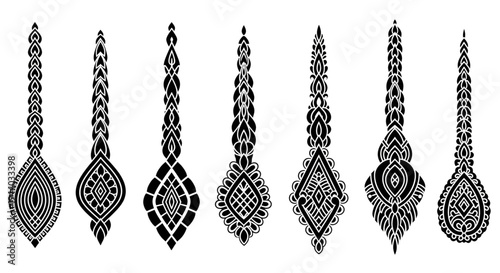 Set of seven black detailed traditional mehndi design elements for tattoo art