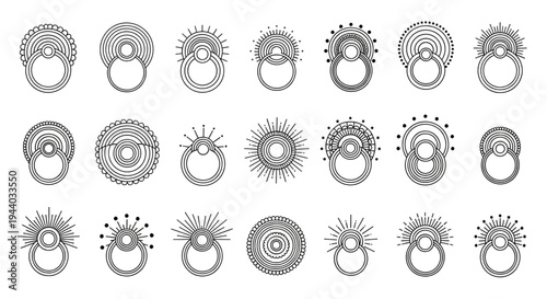Set of abstract sunburst and geometric bohemian tattoo design elements
