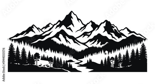 Dramatic mountain range scene with forest and deer in foreground