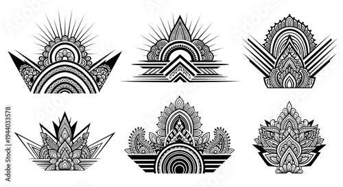 Set of traditional mehndi sunburst and mandala design elements collection