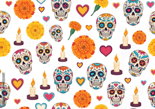 Day of the Dead Skull and Marigold Pattern on White Background, Festive Celebration