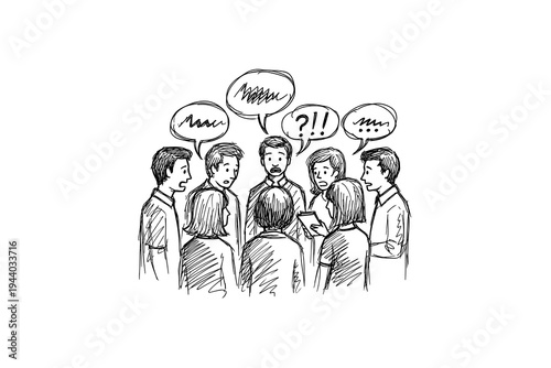 Hand-drawn group discussion with talking and thought bubbles in black and white
