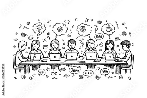 Team collaboration in doodle art style: creative office brainstorming session