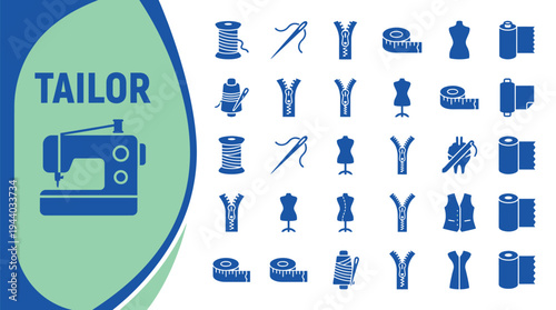 Tailor equipment icons represent sewing tools for fashion design and garment.
