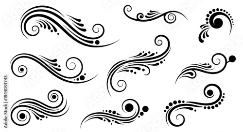 Swirl decorative elements set with black filigree and curl patterns
