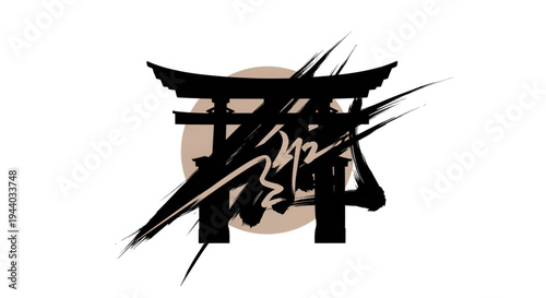 Torii gate silhouette with brush strokes and sun background element