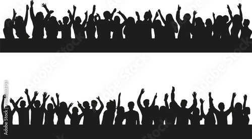 Cheering crowd silhouette banner, people raising hands celebration, concert audience energy, party festival background, excited fans black silhouette crowd cheering