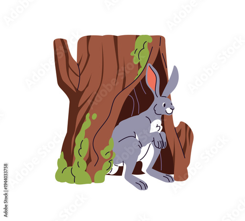 Cute hare sits inside hollow. Funny bunny in den in trunk. Happy rabbit in tree hole. Burrow in stump. House of forest animal. Wildlife home. Flat isolated vector illustration on white background