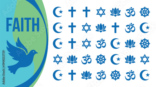 Diverse faith symbols collection illustrates various global religious.