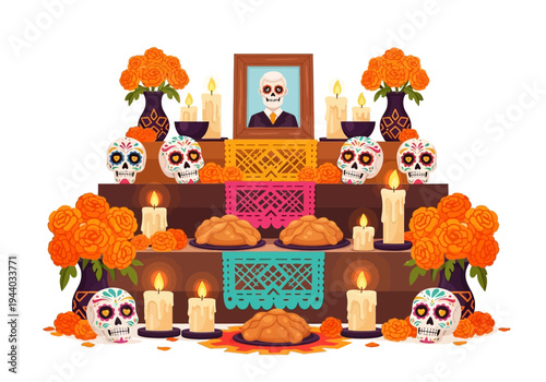 Day of the Dead altar with sugar skulls, candles, and marigolds, celebrating Mexican heritage