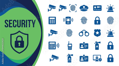 Security system icons feature surveillance cameras, badges, and fingerprint.