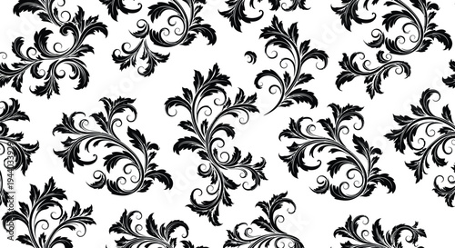Intricate black floral swirls create a seamless repeating pattern